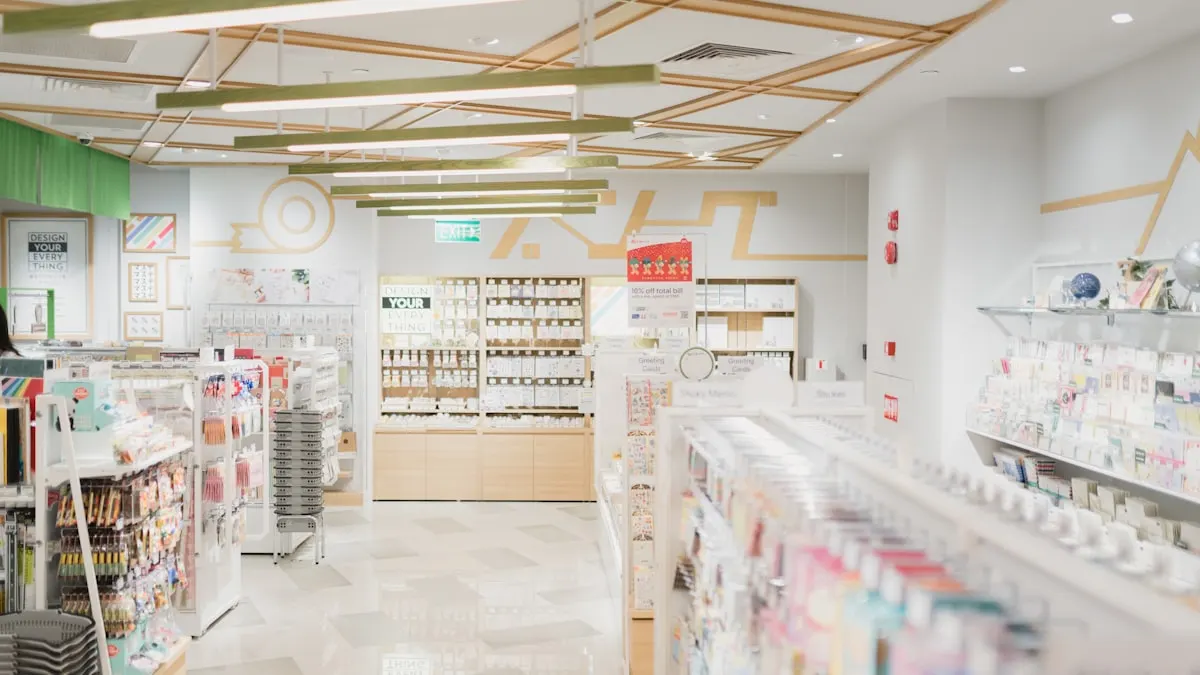 Clean pharmacy interior with product shelves