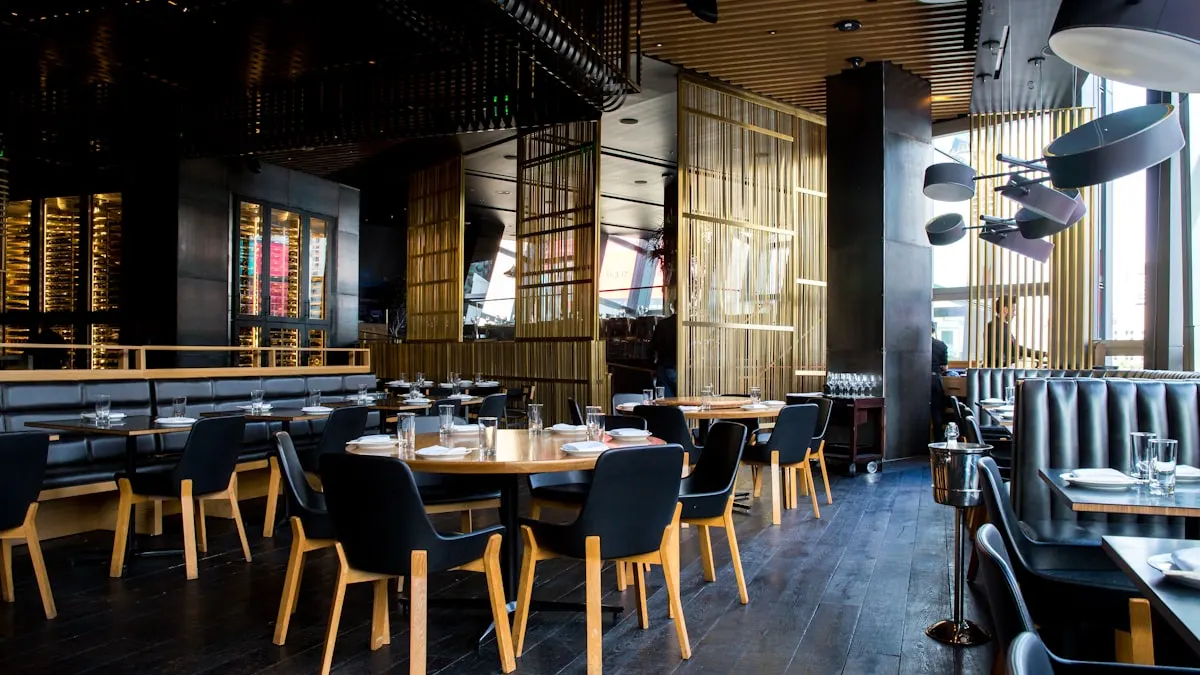 Elegant restaurant dining room with tables and ambient lighting